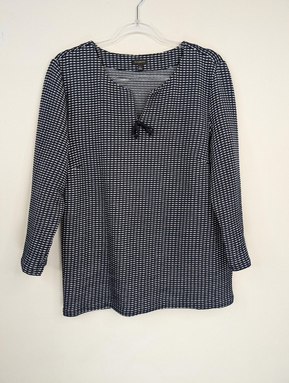 Talbots Top Womens Large Navy White Stripe Knit Bow Neck Long Sleeve Blouse